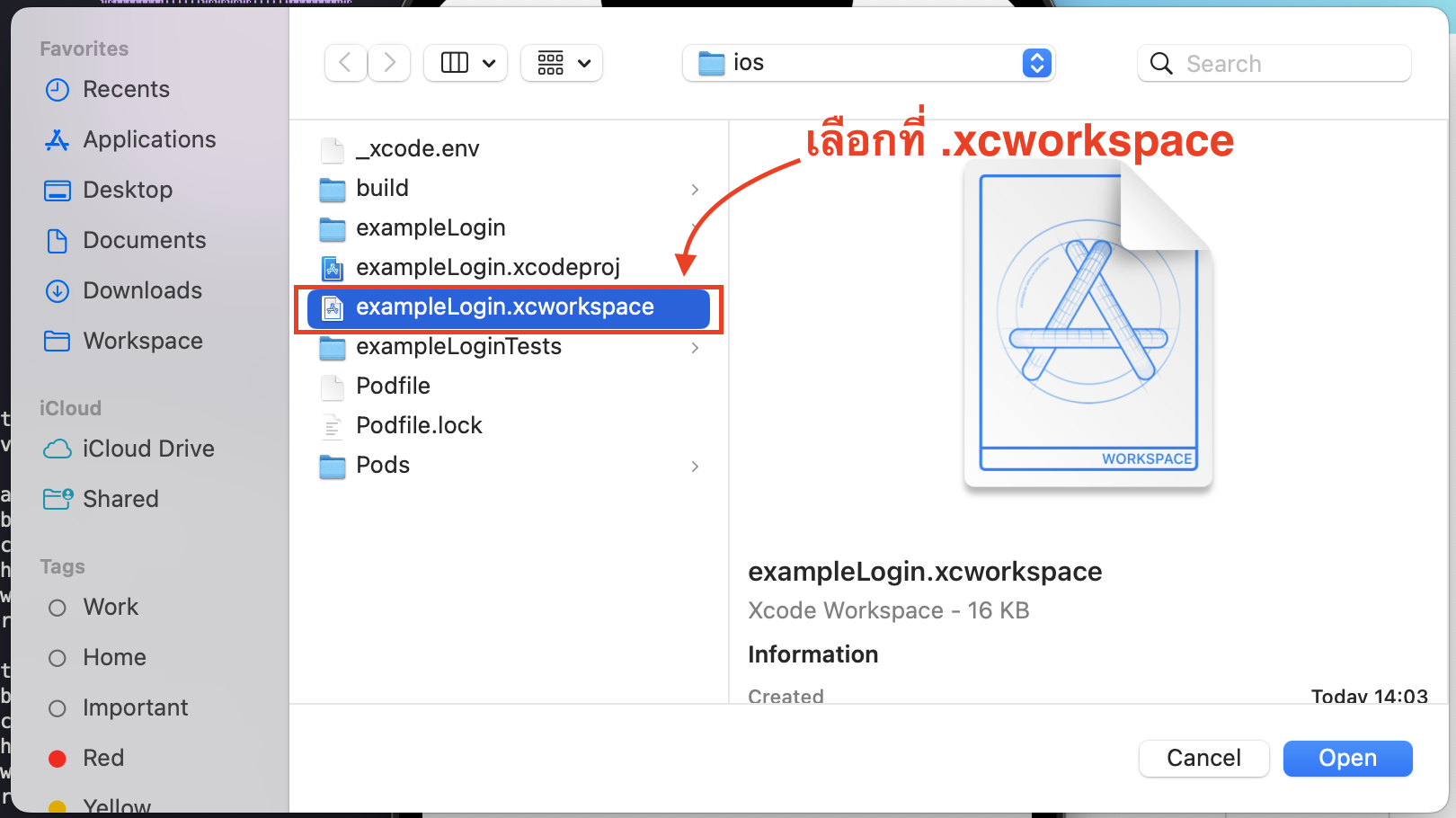 เข้าไปใน project ของเราและเข้าไปใน directory ios แล้วเลือกไฟล์นามสกุล .xcworkspace