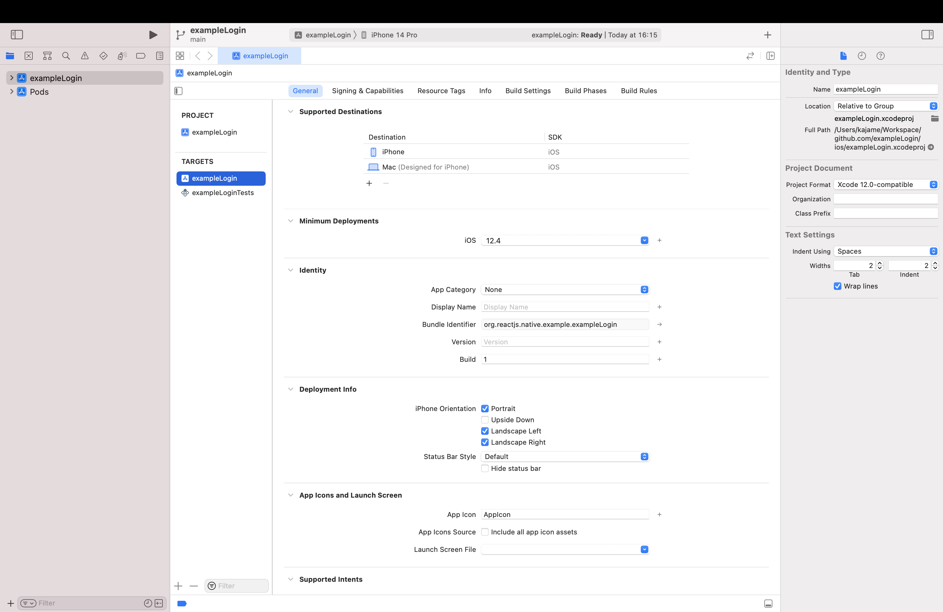 แสดงหน้าจอ xcode หลังจากเปิดไฟล์ .xcworkspace